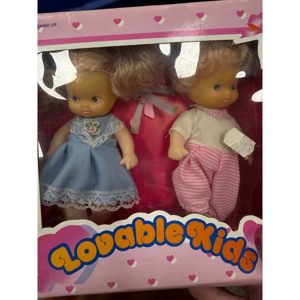 Vintage Kow Toy Lovable Kids Miniature Doll Set 2 Pack Blue Dress Pink Stripes